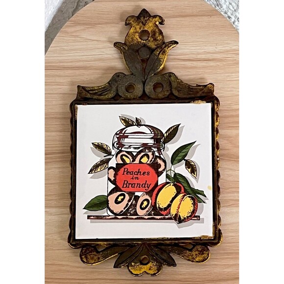 VTG Cast Iron Ceramic Tile Footed Trivet PEACHES in Brandy Rustic MCM Farmhouse - Picture 4 of 13